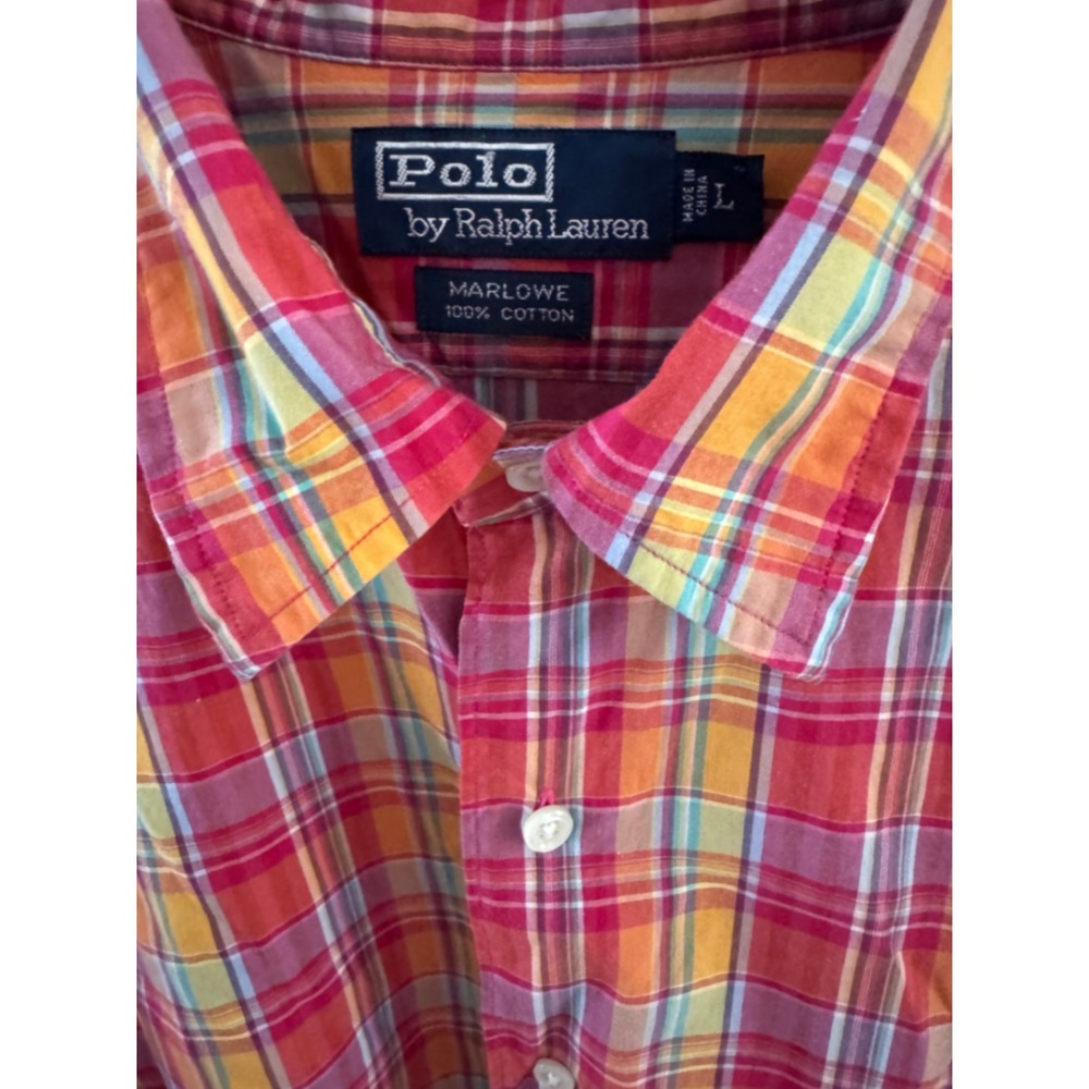 Polo Ralph Lauren Marlowe Mens Large Orange Pink Plaid Cotton Short Sleeve Shirt